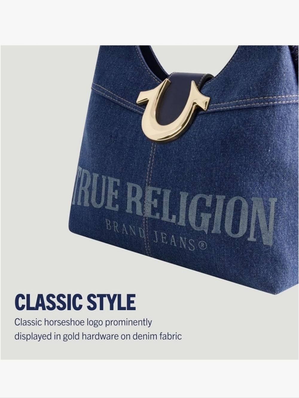 True Religion Denim Hobo Bag in Dark Blue with Gold Horseshoe, NWT - Picture 4 of 7